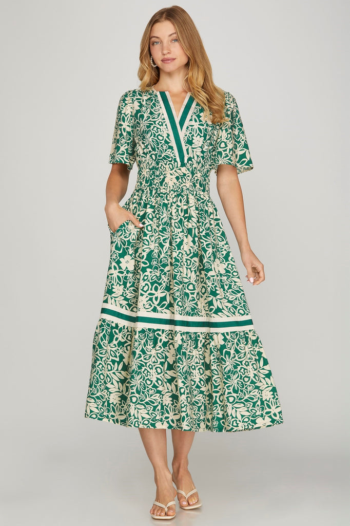 Green Cream Floral Midi Dress