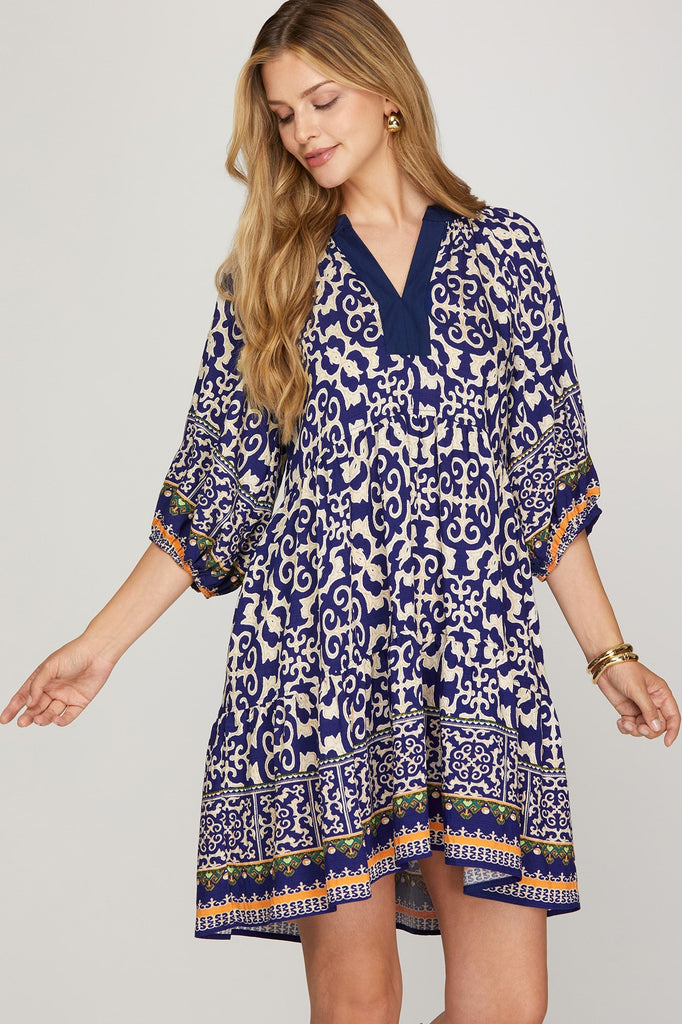 Navy Orange Patterned Dress