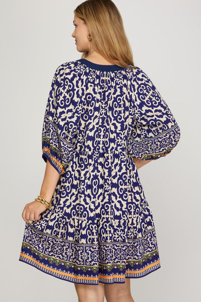 Navy Orange Patterned Dress