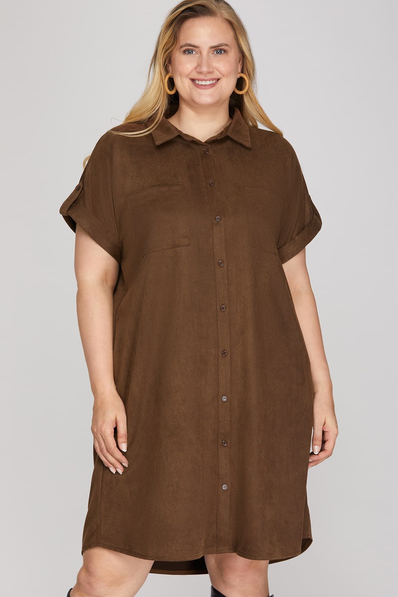 Brown Faux Suede Shirt Dress – Striped Box Boutique