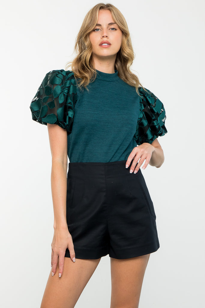 Teal Textured Puff Sleeve Top