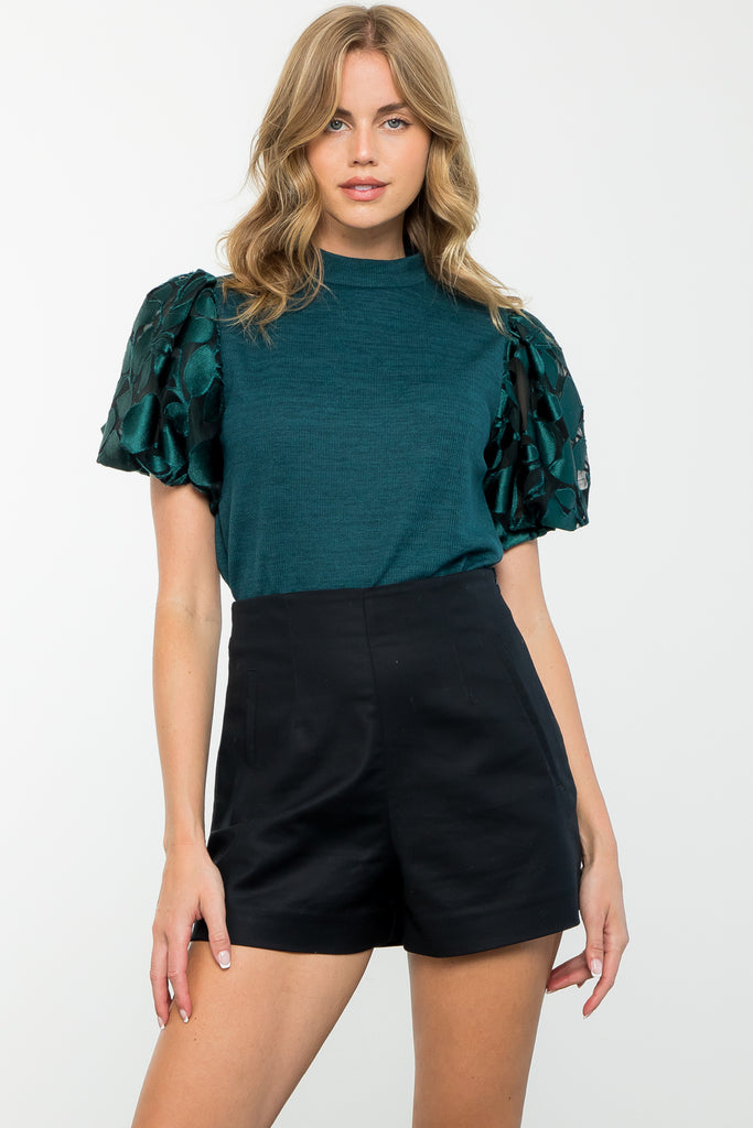 Teal Textured Puff Sleeve Top