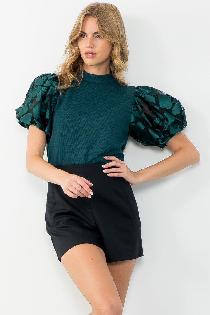 Teal Textured Puff Sleeve Top