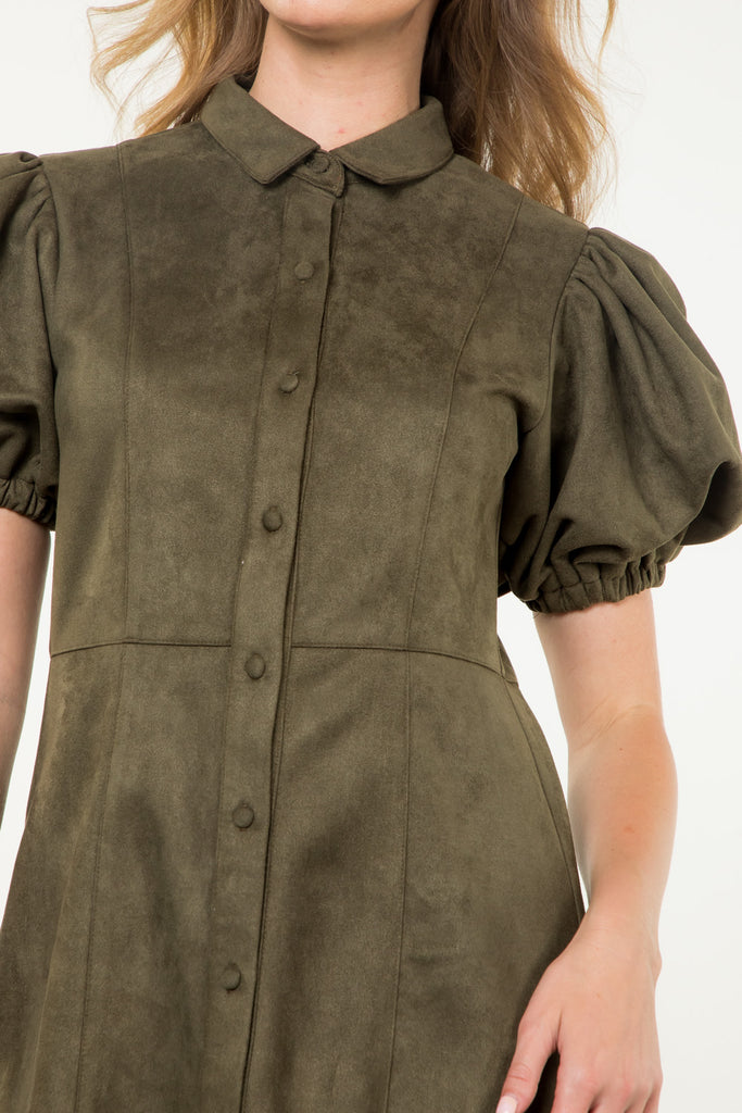 Olive Faux Suede Button Dress