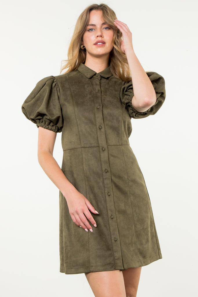 Olive Faux Suede Button Dress