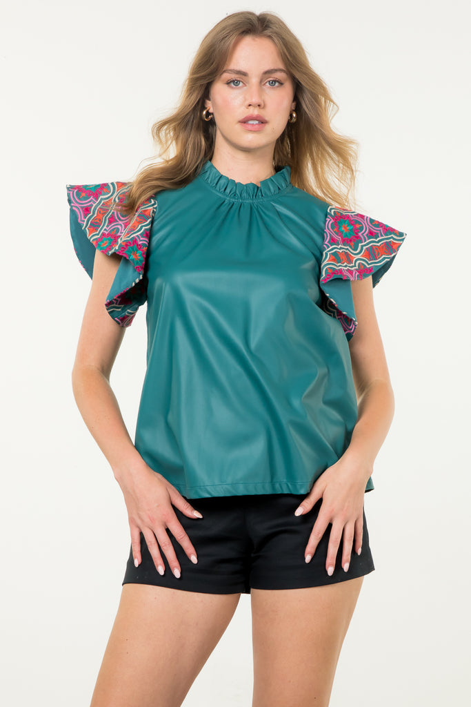 Teal Embroidered Vegan Top