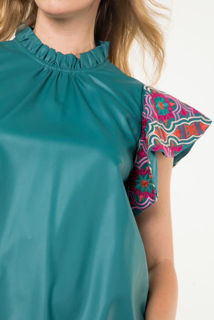 Teal Embroidered Vegan Top