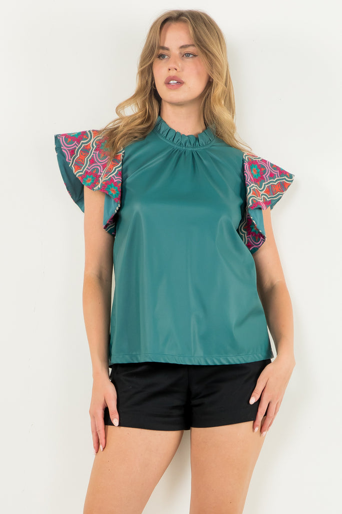 Teal Embroidered Vegan Top