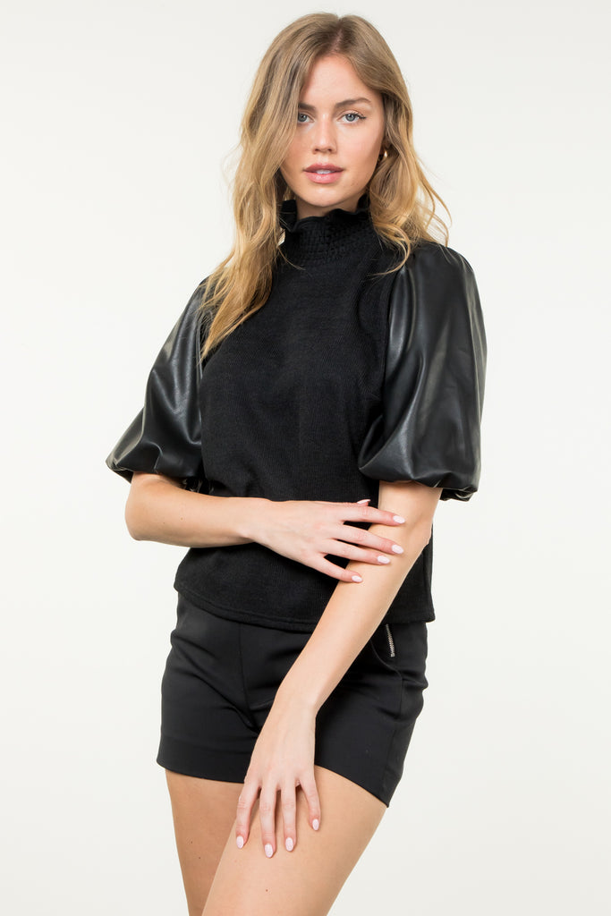 Black Vegan Leather Puff Sleeve Top