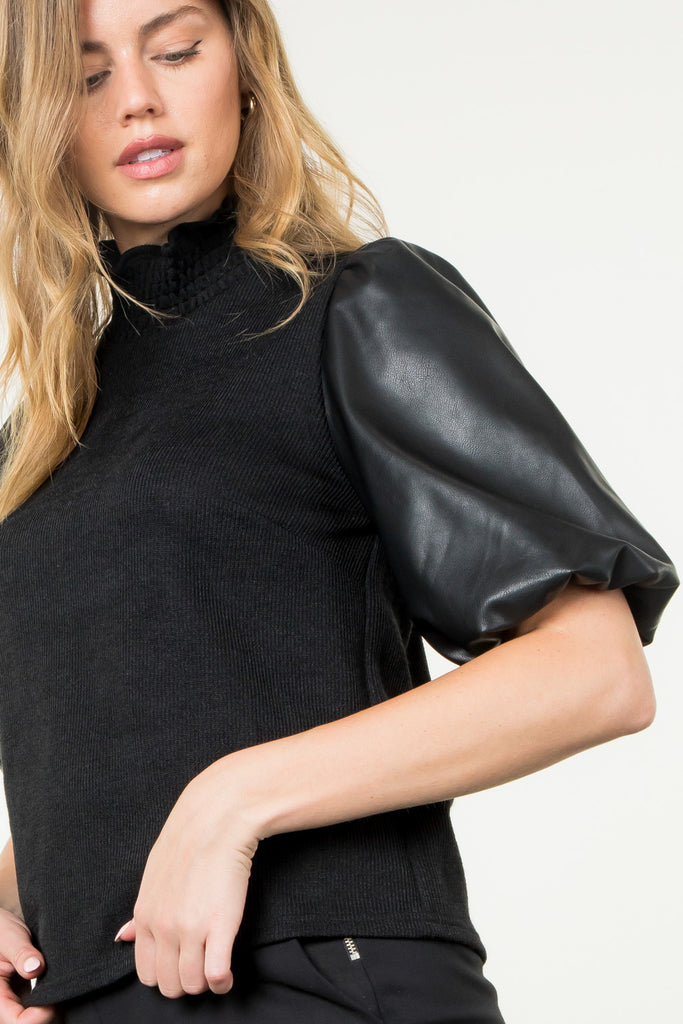 Black Vegan Leather Puff Sleeve Top