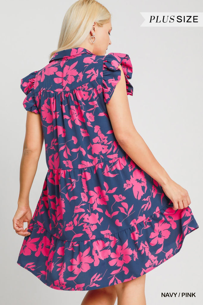 Navy Pink Floral Tiered Dress