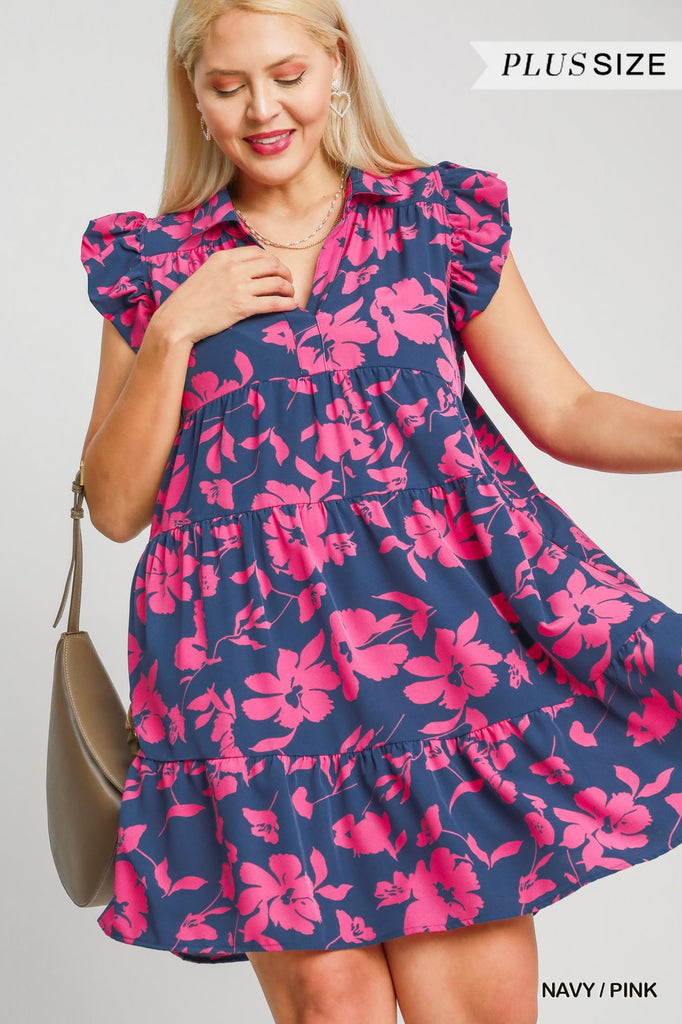 Navy Pink Floral Tiered Dress