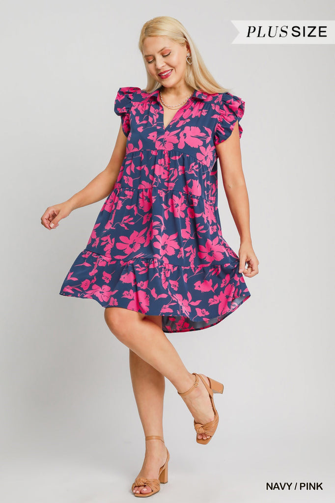 Navy Pink Floral Tiered Dress