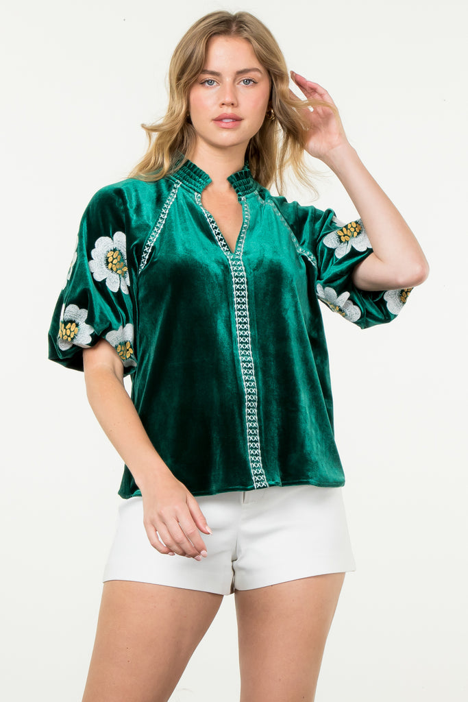 Green Floral Velvet Top