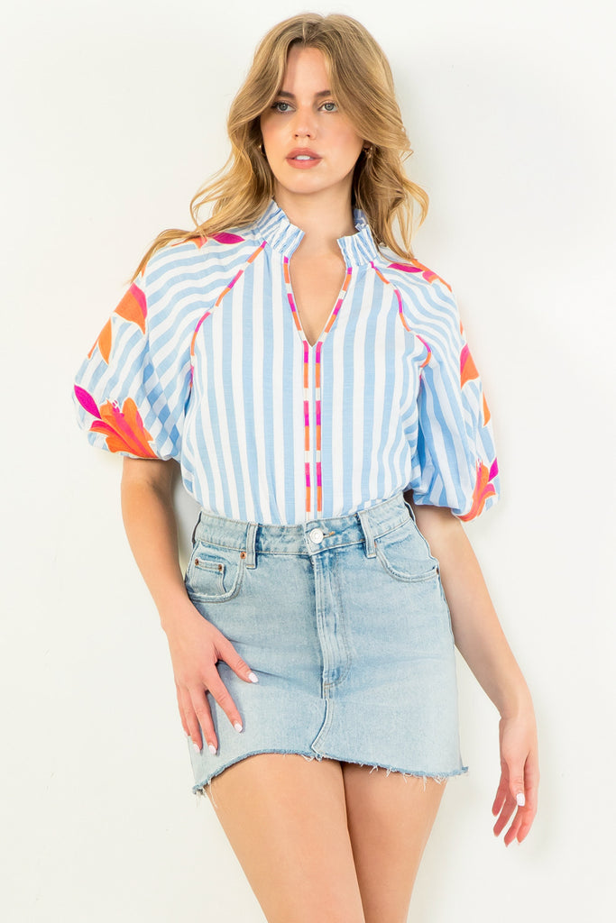 Chambray Striped Embroidered Top