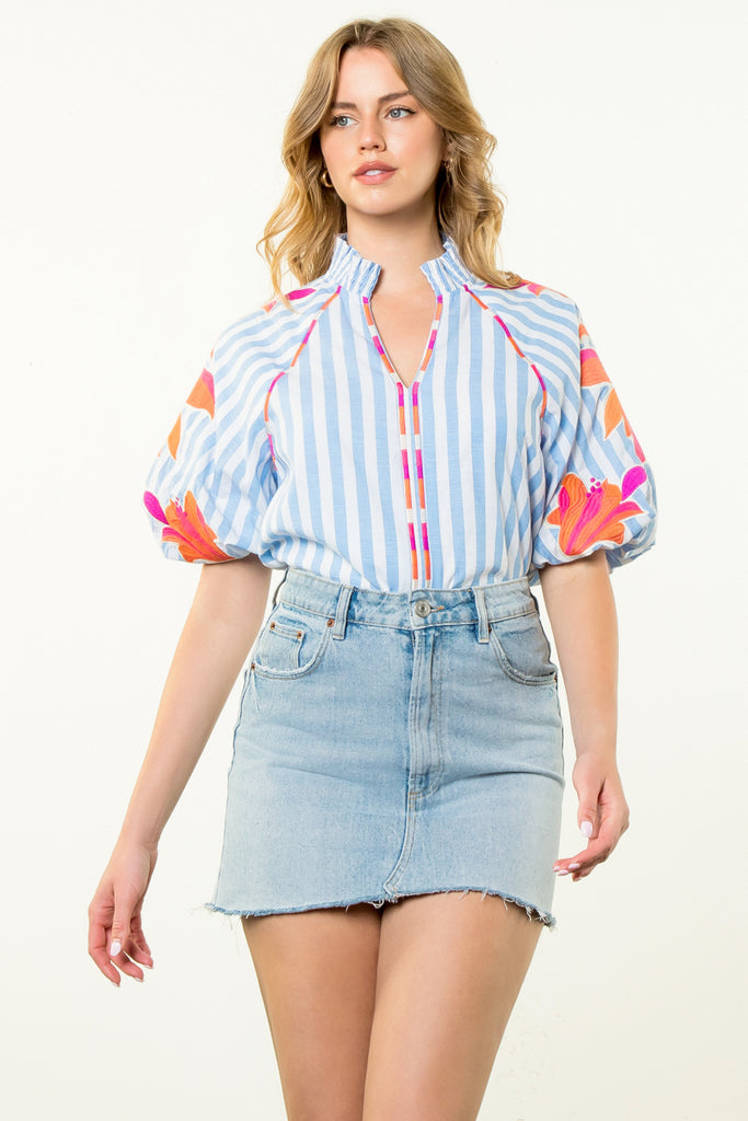 Chambray Striped Embroidered Top