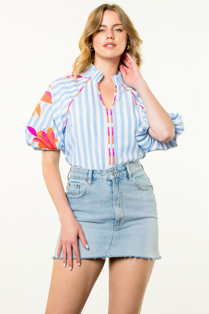 Chambray Striped Embroidered Top