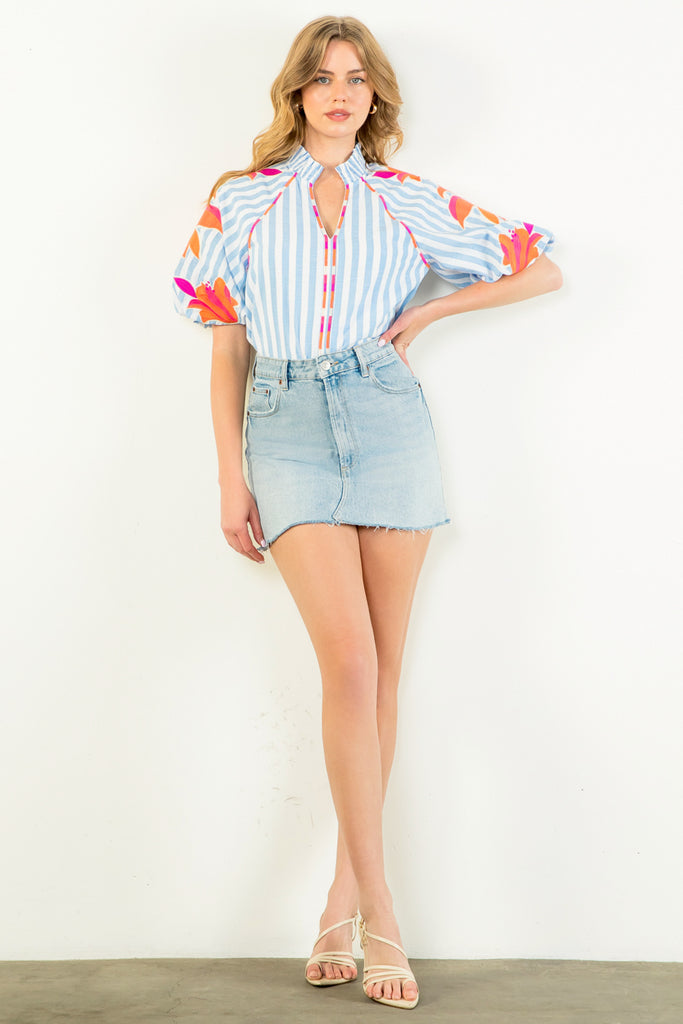 Chambray Striped Embroidered Top