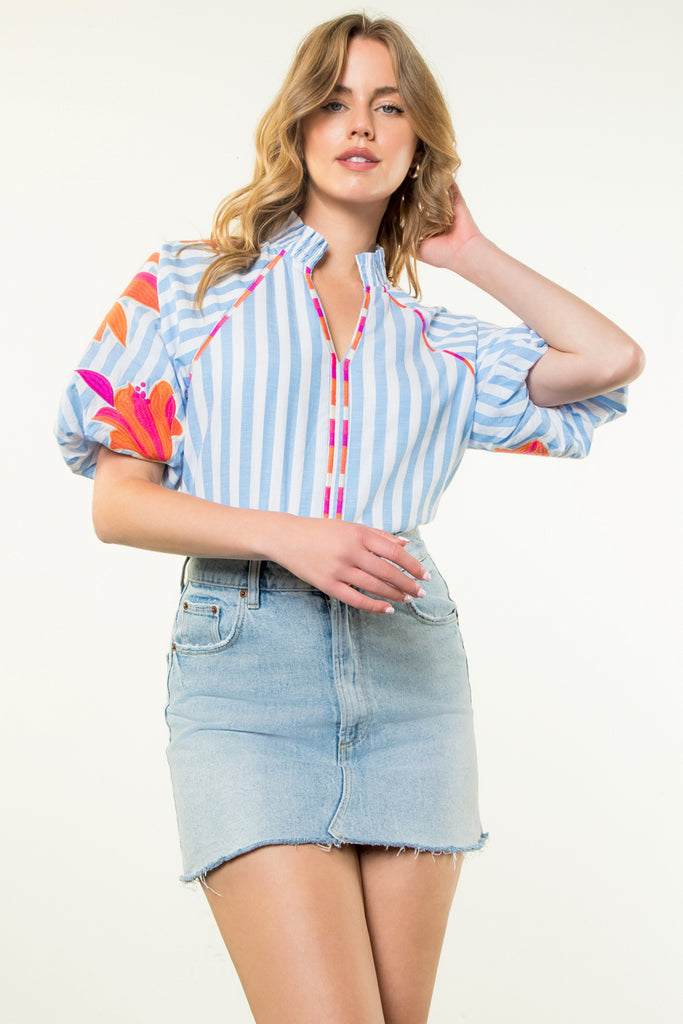 Chambray Striped Embroidered Top