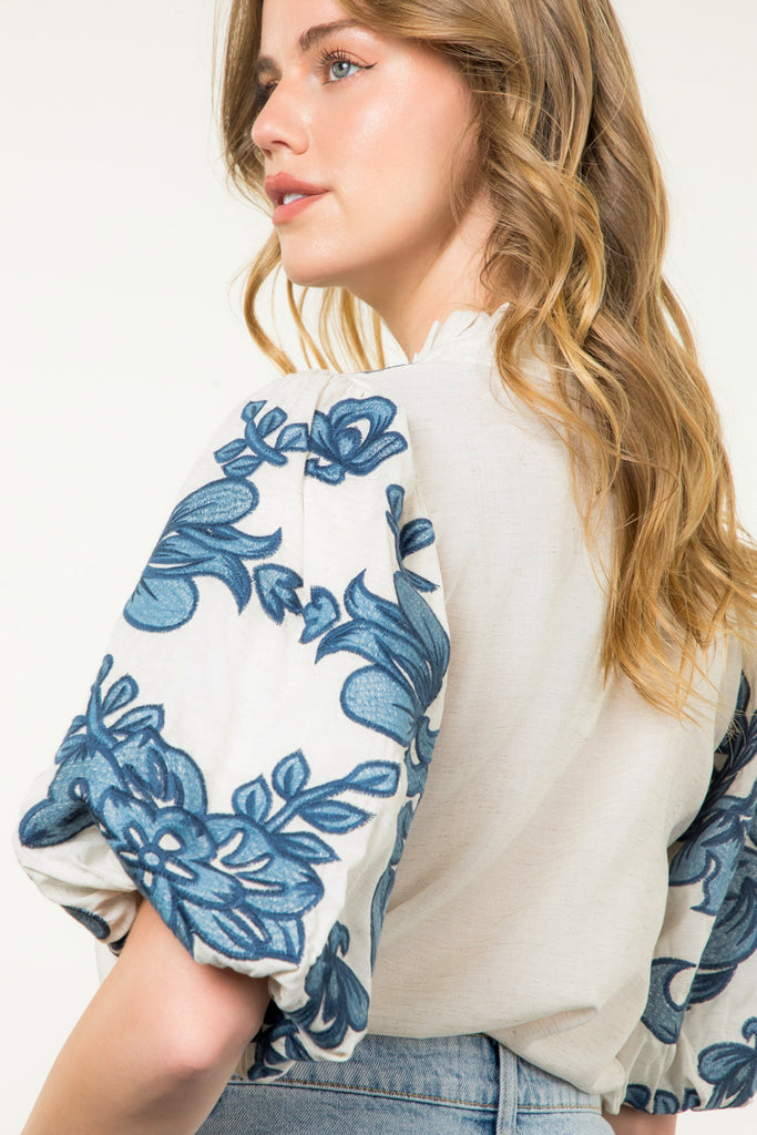 Linen Embroidered Puff Sleeve Top