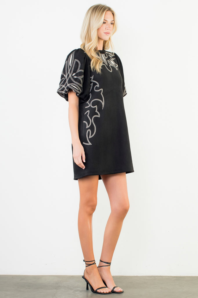 Black Embroidered Faux Suede Dress