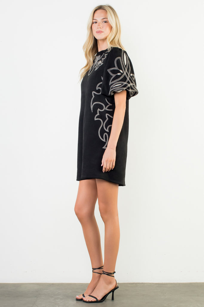 Black Embroidered Faux Suede Dress