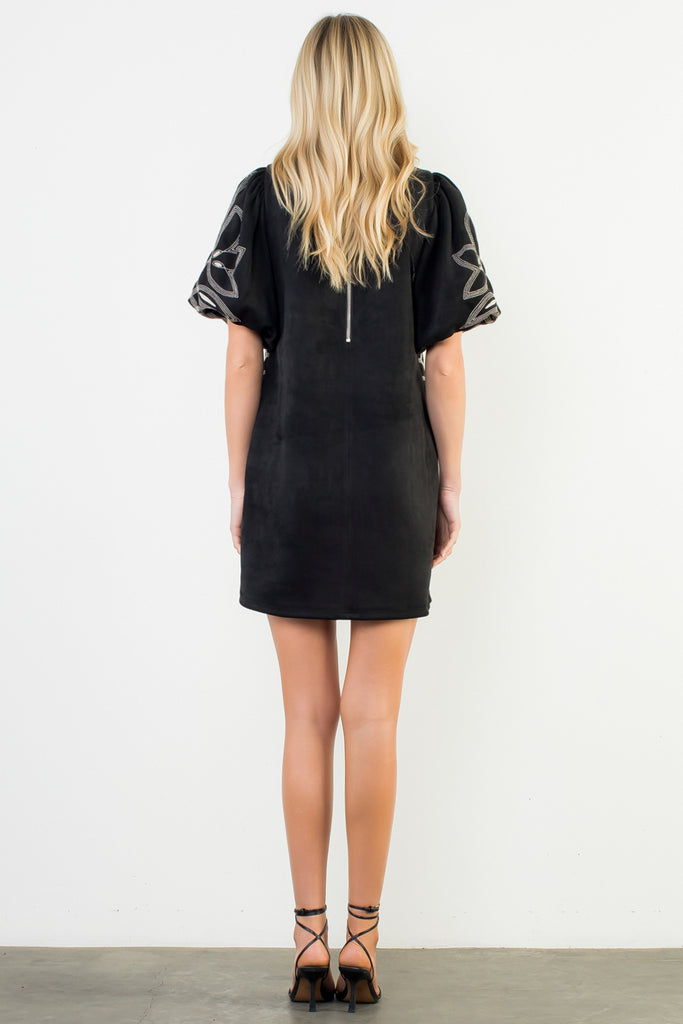 Black Embroidered Faux Suede Dress