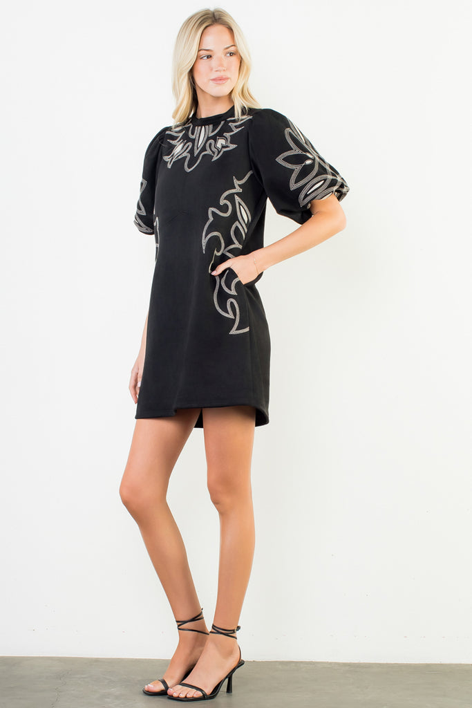Black Embroidered Faux Suede Dress