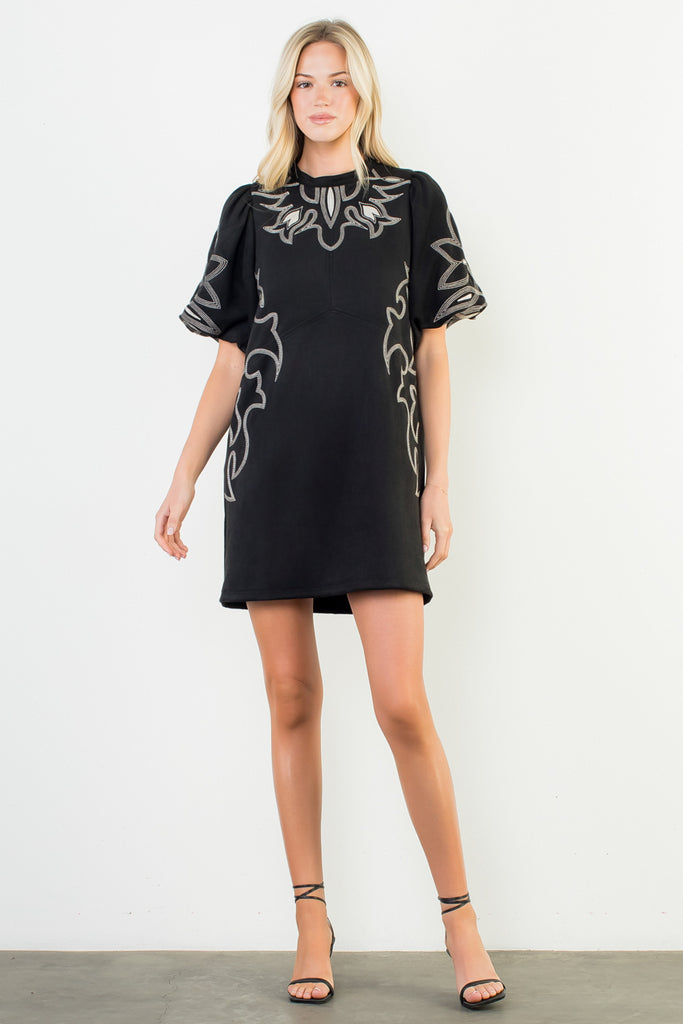 Black Embroidered Faux Suede Dress
