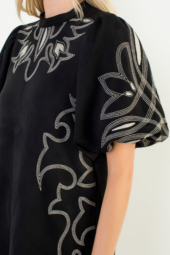 Black Embroidered Faux Suede Dress