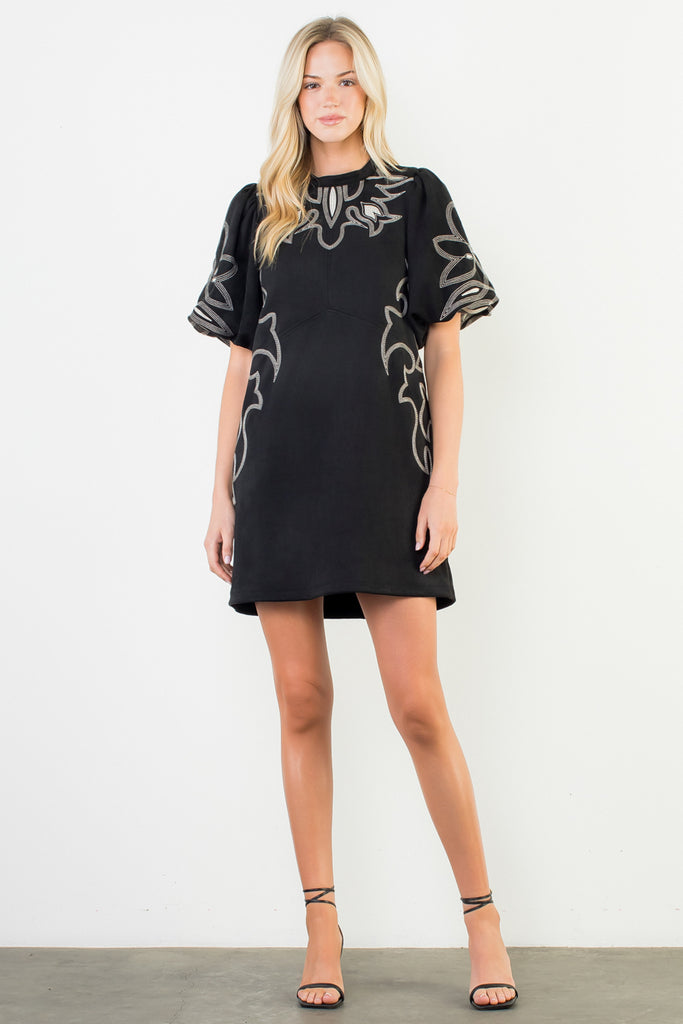 Black Embroidered Faux Suede Dress