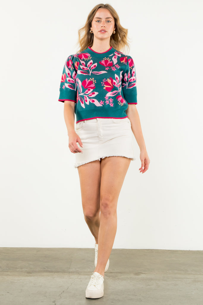 Teal Floral Short Sleeve Sweater