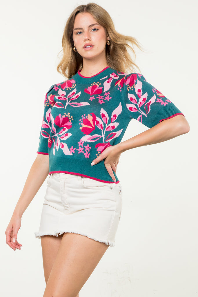 Teal Floral Short Sleeve Sweater