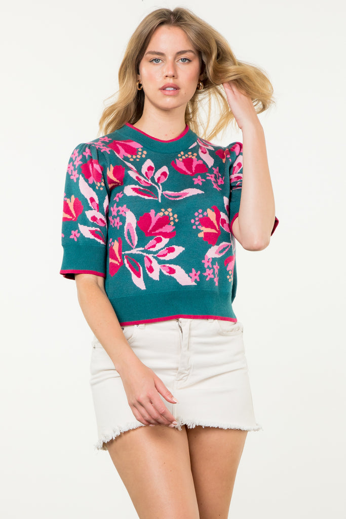 Teal Floral Short Sleeve Sweater