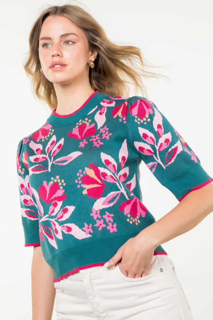 Teal Floral Short Sleeve Sweater