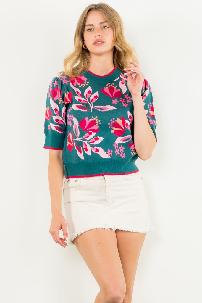 Teal Floral Short Sleeve Sweater