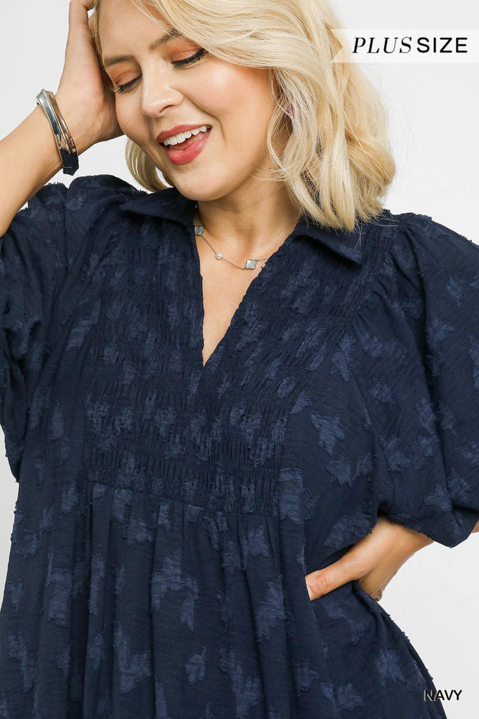 Navy Jacquard V Dress