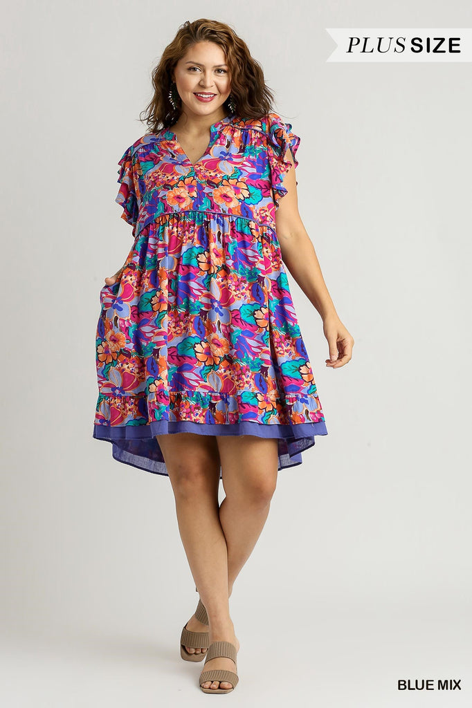 Piped Blue Floral Dress