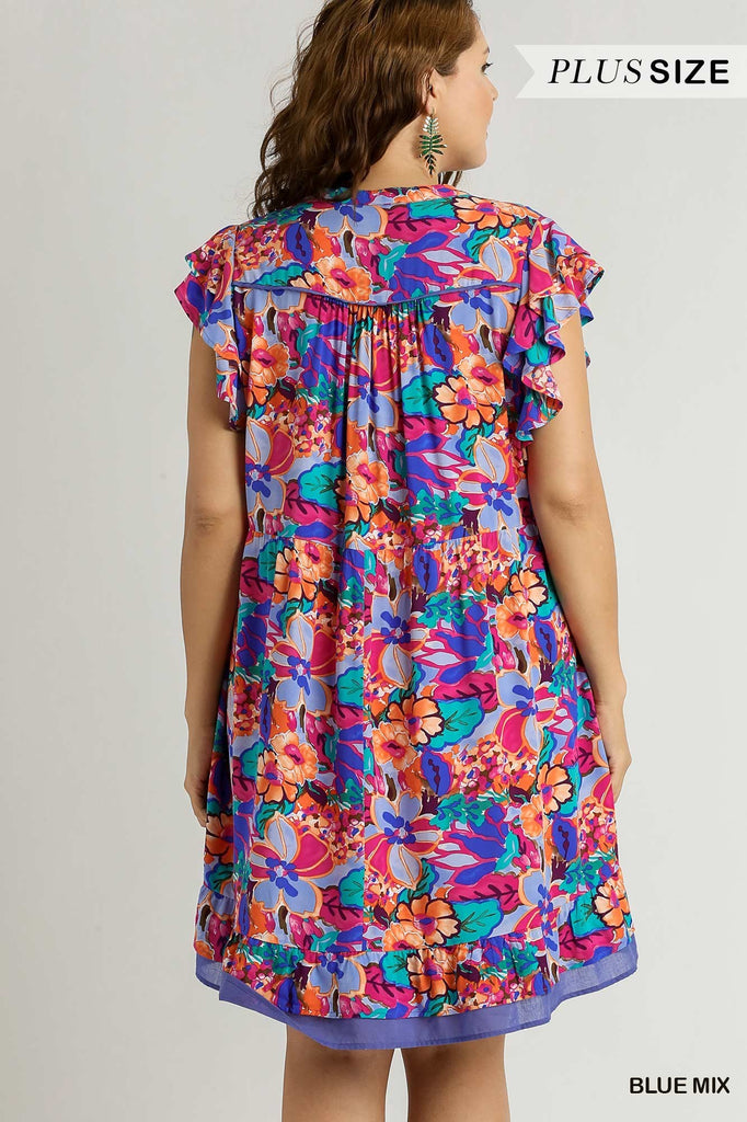 Piped Blue Floral Dress