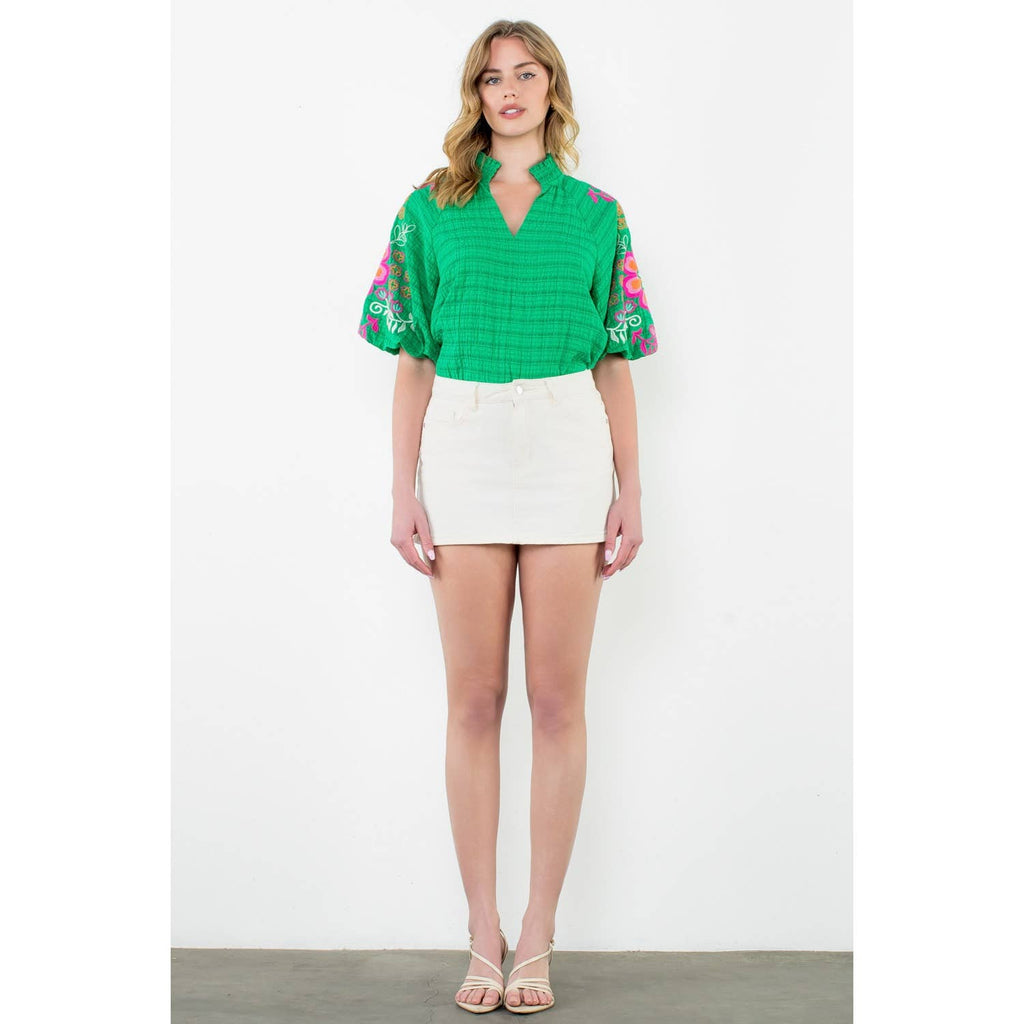 Green Embroidered Puff Sleeve Top