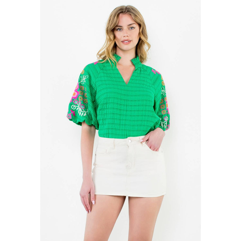 Green Embroidered Puff Sleeve Top