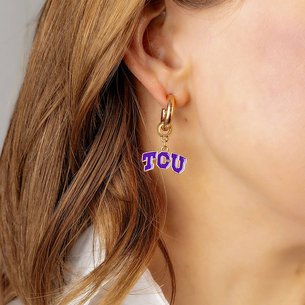 TCU Horned Frogs Enamel Drop Hoop Earrings in Purple