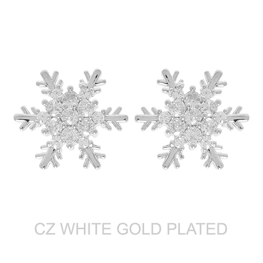 White Gold Plated CZ Snowflake Post Earrings