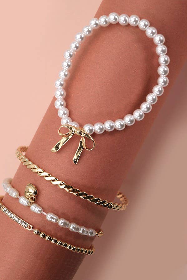 Bow Pearl Rhinestone Bracelet Set