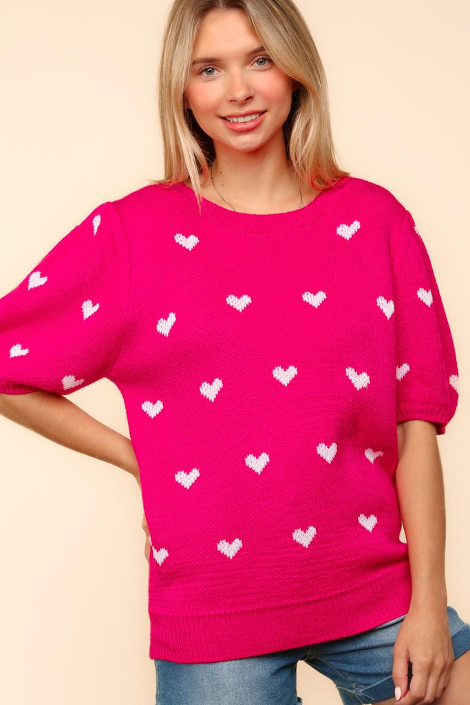 Pink Heart Bubble Sleeve Sweater