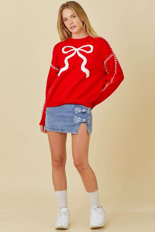 Red Stitched Bow Sweater