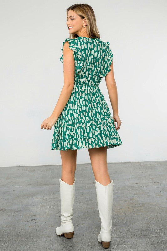 Green Abstract Ruffle Dress