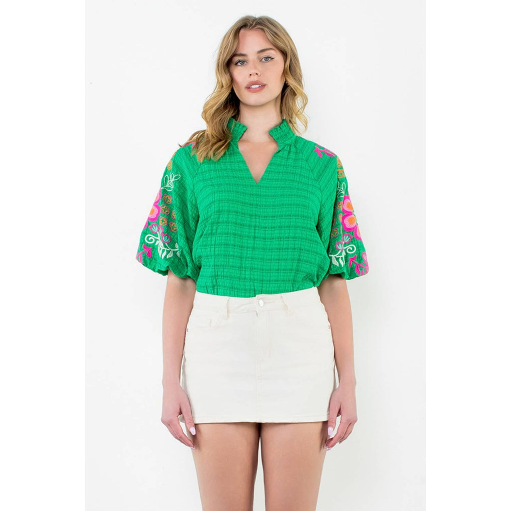 Green Embroidered Puff Sleeve Top