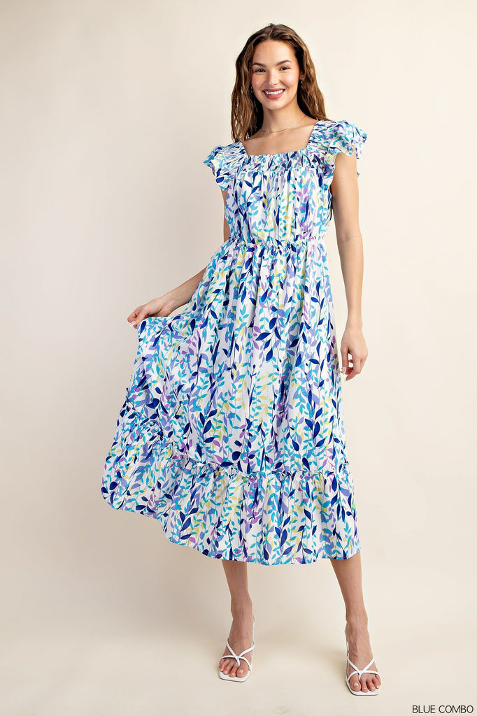 Blue Floral Ruffle Maxi Dress