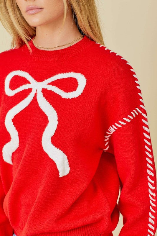 Red Stitched Bow Sweater